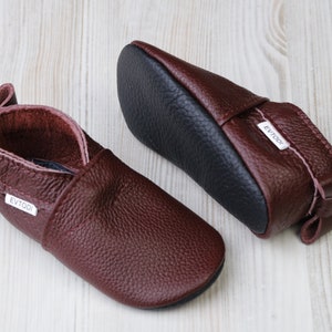 Burgundy / Dark cherry, Soft Sole Leather Baby Shoes, Walker Baby, Toddler / Infant Shoes, Newborn Slippers/ Booties, Bow, 0-6 and 6-12 mths