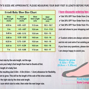 May include: A chart showing baby shoe sizes in inches and centimetres. The chart includes the approximate age, shoe sole length, ideal foot length, and shoe sole length in centimetres. The chart also includes a sizing guide with instructions on how to measure a baby's foot.