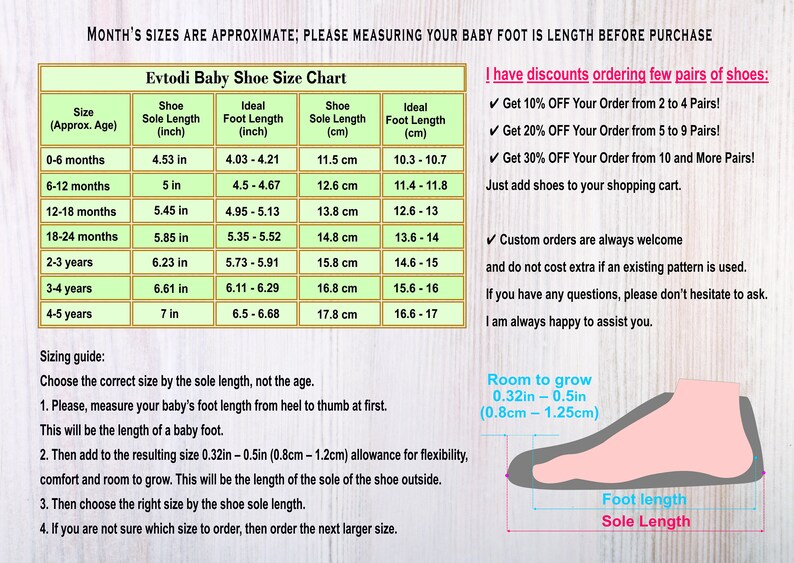 May include: A chart showing baby shoe sizes in inches and centimetres. The chart includes the approximate age, shoe sole length, ideal foot length, and shoe sole length in centimetres. The chart also includes a sizing guide with instructions on how to measure a baby's foot.