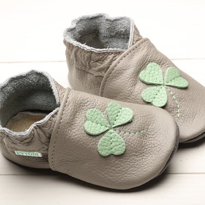 Patrick's Day Shoes, Gray Baby Moccasins, Leather Soft Sole Baby Shoes, Toddler Slippers, Shamrock / Irish Baby Gift, Size 0-6, 6-12 month