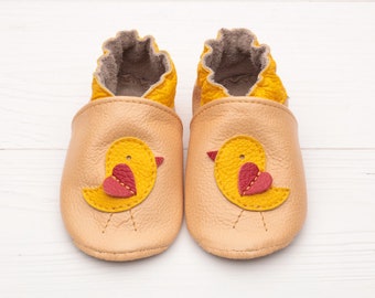 Tan Leather Baby Shoes, Soft Sole Kids Shoes, Toddler Moccasins, Newborn/Infant Booties/Slippers, Girl, Boy, Chicken/Chick Baby Gift, Evtodi