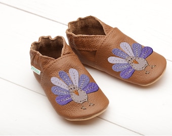 Brown Baby Shoes Leather, Soft Sole Newborn/ Infant / Toddler / Kids Shoes, Baby Booties/ Moccasins, Girl, Boy, Peacock / Turkey Shower Gift