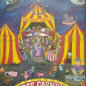 Puede incluir: Una pintura colorida de un carnaval espacial con una gran carpa, una montaña rusa y un letrero que dice "Space Carnival - Twiddle". Hay extraterrestres, un cerdo, un oso y otros personajes en la pintura.