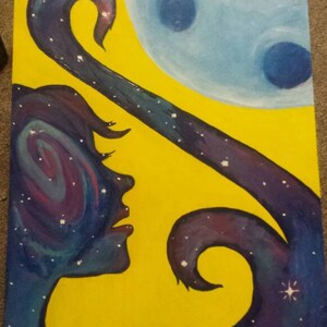 May include: A painting of a woman's face with a galaxy inside her head. The galaxy is swirling with purple, blue, and white colors. The woman's face is looking up at a blue moon with white stars on a yellow background.
