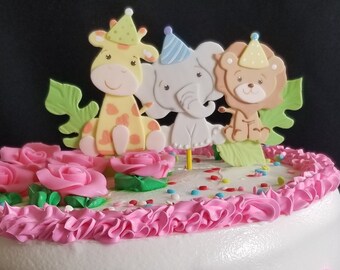 Jungle Cake Toppers, Safari Animals Cake Decoration, Noah's Ark First Birthday, Noah's Ark Cake Decor, Jungle Cake Decor, Noah's Ark Animals