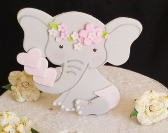 Elephant Cake Topper, Floral Elephant Topper, Sleeping Elephant Cake Topper, Pink Grey Elephant, Gray Yellow Elephant, Jungle Cake Decor