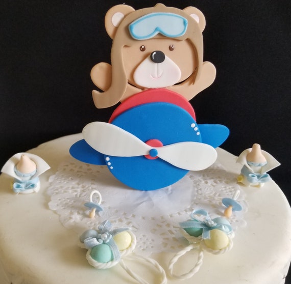 TEDDY BEAR PLANE HAPPY BIRTHDAY BLUE 7.5 INCH PRECUT EDIBLE CAKE TOPPER K8