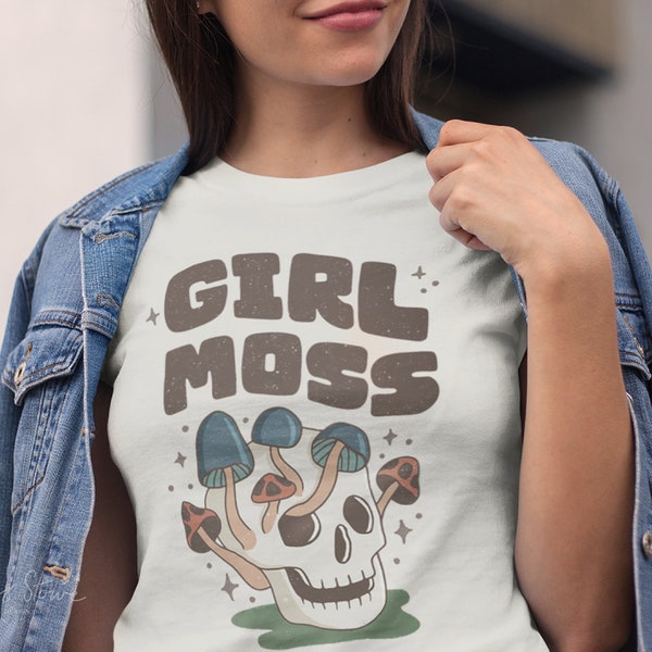 Distressed Girl Moss Shirt, Mushroom Skull Shirt, Cute Mushroom Shirt, Cottagecore Shirt, Gremlincore Shirt, Mushroomcore Shirt