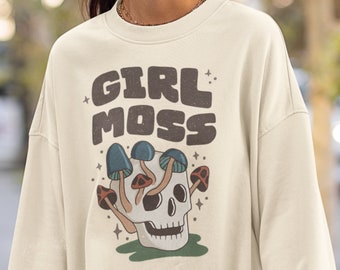 Distressed Girl Moss Sweater, Distressed Cottagecore Sweater, Goblincore Sweater, Gremlincore Sweater, Mushroomcore Sweater, Mushroom Skull,