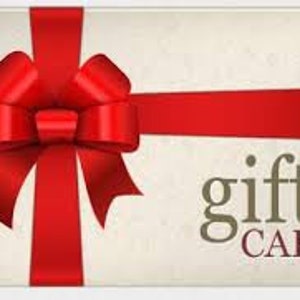 May include: A red ribbon with a bow tied in the center is on a white gift card. The text "gift card" is printed in black on the card.