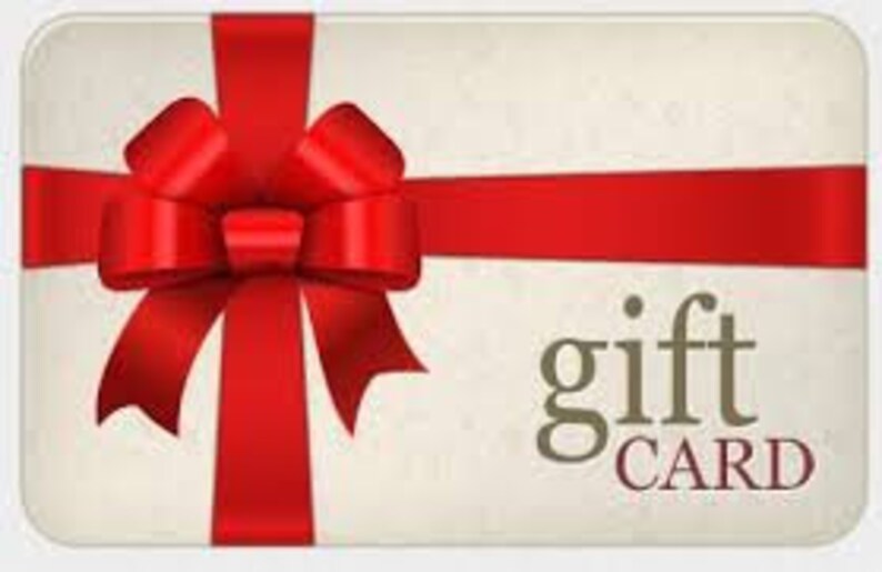 May include: A red ribbon with a bow tied in the center is on a white gift card. The text "gift card" is printed in black on the card.