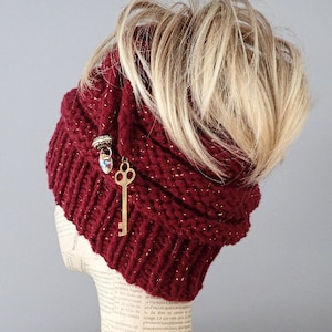 PATTERN Winter hat messy bun hat neck warmer for her worn 3 different ways  handmade hat pattern neck warmer knitting pattern bilingual