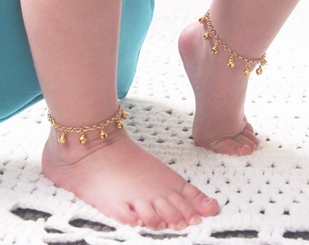 Baby Anklet, Gold Ankle Bracelet, First Birthday Girl, New Baby Gift, Gypsy Wedding, Bell Anklet, Boho Flower Girl, Modern baby, Shower Gift