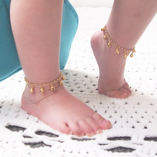Baby Anklet, Gold Ankle Bracelet, First Birthday Girl, New Baby Gift, Gypsy Wedding, Bell Anklet, Boho Flower Girl, Modern baby, Shower Gift