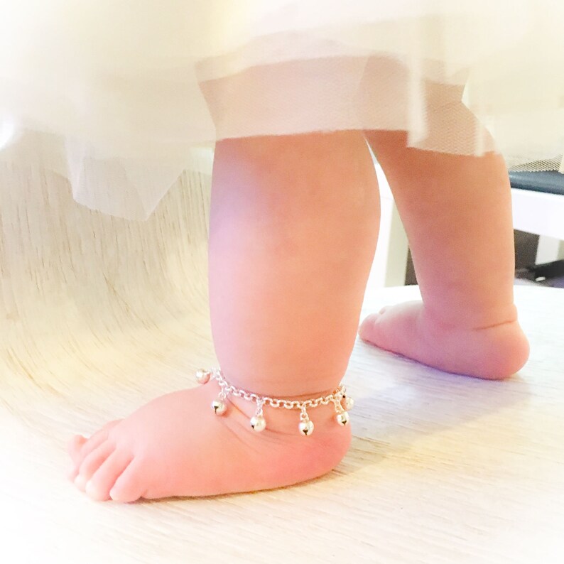 Silver Anklet with Bells SET of 2, First Birthday, Flower Girl Gift, Ankle Bracelet, Gypsy Wedding, Boho Baby Shower, Christening Gift image 1