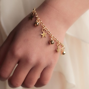 Star Charm Anklet with Bells, Gold First Birthday Gift, Baby Anklet, Boho Baby, Barefoot Baby, Bell Anklet, Christening, Beach Jewelry image 1