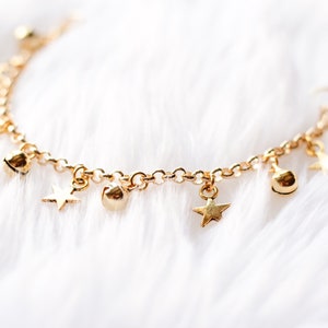 Star Charm Anklet with Bells, Gold First Birthday Gift, Baby Anklet, Boho Baby, Barefoot Baby, Bell Anklet, Christening, Beach Jewelry image 2