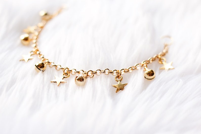 Star Charm Anklet with Bells, Gold First Birthday Gift, Baby Anklet, Boho Baby, Barefoot Baby, Bell Anklet, Christening, Beach Jewelry image 2