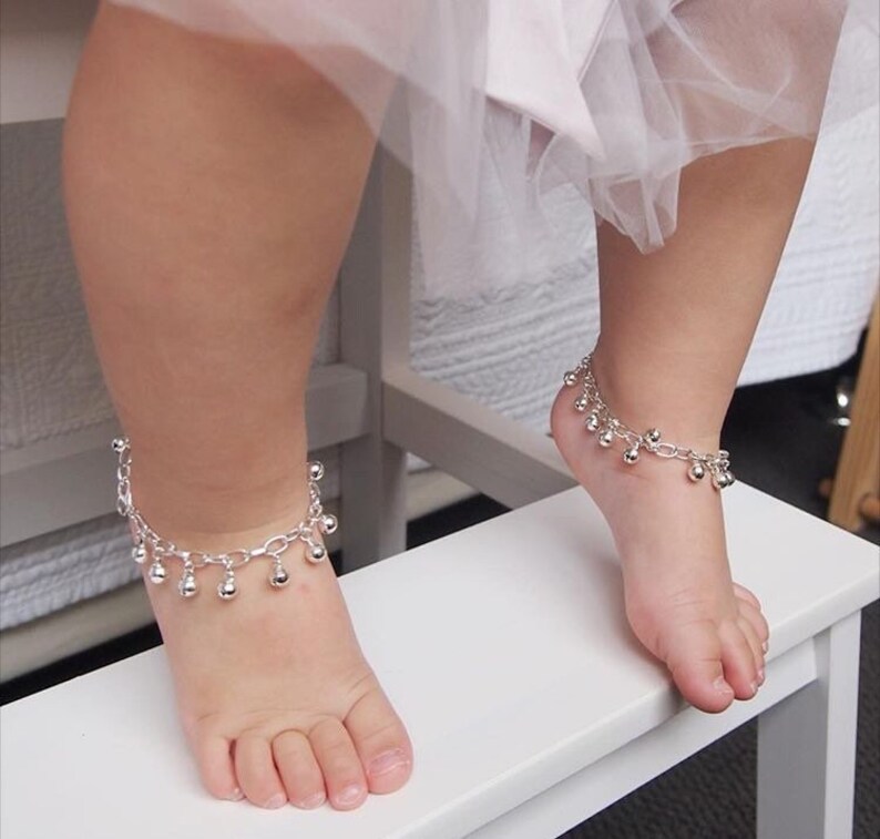 Silver Anklet with Bells SET of 2, First Birthday, Flower Girl Gift, Ankle Bracelet, Gypsy Wedding, Boho Baby Shower, Christening Gift image 8