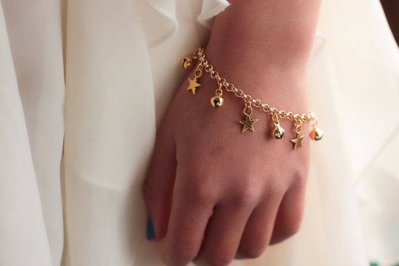 Star Charm Anklet with Bells, Gold First Birthday Gift, Baby Anklet, Boho Baby, Barefoot Baby, Bell Anklet, Christening, Beach Jewelry image 4