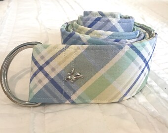 Chubs & Co. Belt - Abby Premium D-Ring Belt - Light Blue, Green and Yellow Plaid, Equestrian Belt, Fabric Belt, D-Ring Belt