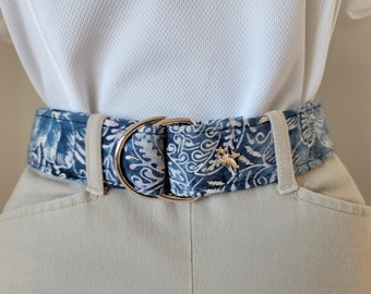 Chubs & Co. Belt - CINDY Premium D-Ring Belt - Blue Floral Batik, Equestrian Belt, Cotton D-Ring Belt, Fabric Belt