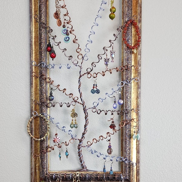 Brown, Copper & Blue Framed Wall Mounted Jewelry Organizer Tree, Wire Tree Earring Holder for Dangle Earrings, Jewelry Tree, Upcycled