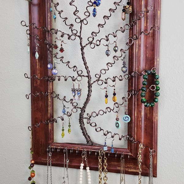 Wall Mounted Jewelry Organizer, Rustic Reddish Copper Frame with Brown Wire Tree, Earring Holder, Earring Organizer, Upcycled Frame