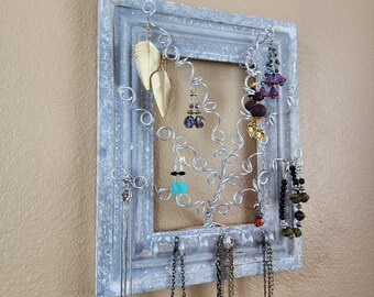 Wall Mounted Earring & Necklace Organizer, Jewelry Tree, Gift for Her, Gift for the Jewelry Lover, Blueish Gray Frame with Wire Tree