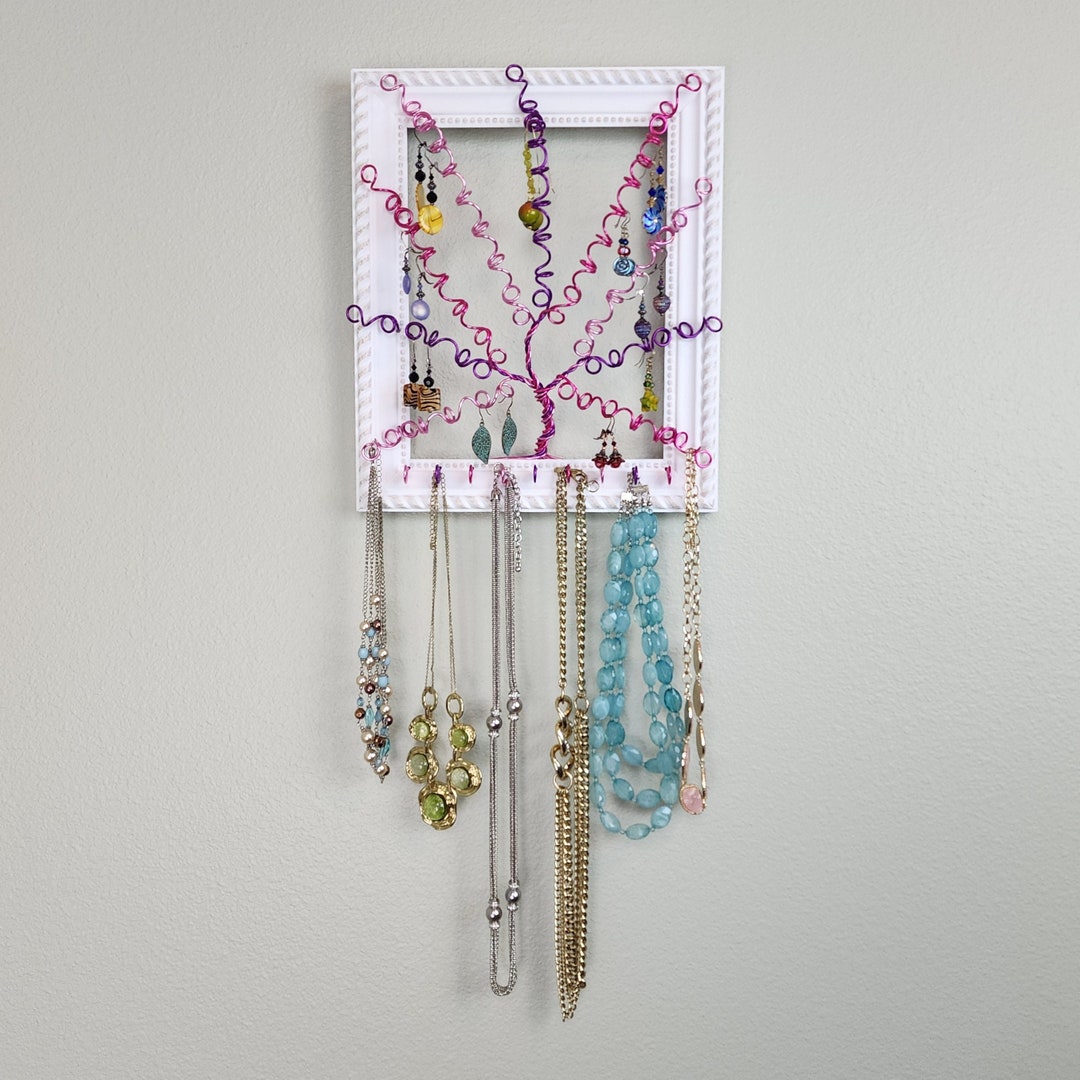 Earring Organizer, Wall Mounted Jewelry Holder, White Frame With Purple