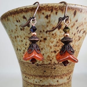 Earthy Orange Bell Flower, Leverback Hook Earrings, Beautiful Fall Flower Earrings, Gift for Her