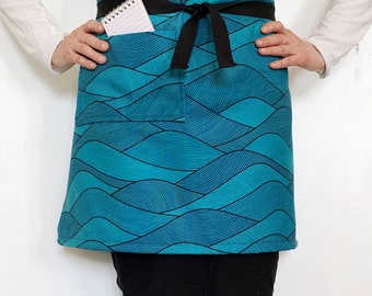 Modern Nature-inspired Rolling Waves Teal Half Apron | Colorful Kitchen | BBQ | Server Apron | Housewarming | Gardening | Gift for Mom