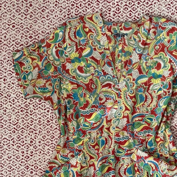 Vintage 50s Paisley Shirtwaist Dress Bright Colorful > Large 14 L > Betty Brief Red Green Blue Yellow 1950s Pockets Polyester Retro Funky