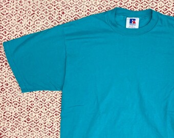 Vintage 90s Teal T-shirt Tee Russell Athletic Basic Solid Normcore > Large L > Made in USA Stoner Skater Slacker 1990s Grunge Green Blue