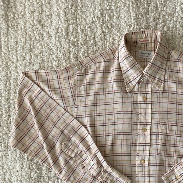 Vintage 70s Shirt Oxford Gant Plaid Beige Brown Button Down > Medium M 15.5 > Famous Barr Preppy Prep 1970s Long Sleeve Soft