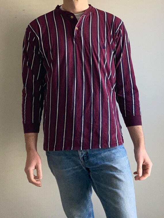 Vintage 90s Striped Henley Maroon Purple Red Long… - image 2