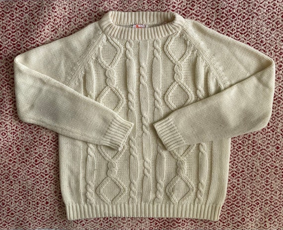 Vintage 70s 80s Beige Sweater Cableknit Fisherman… - image 1