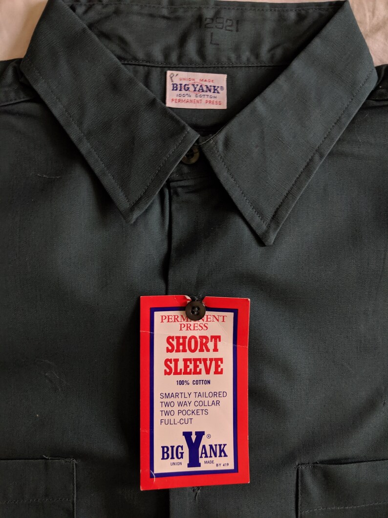 Vintage 70s Green Work Shirt Big Yank Deadstock Large Union Made in USA New With Tags