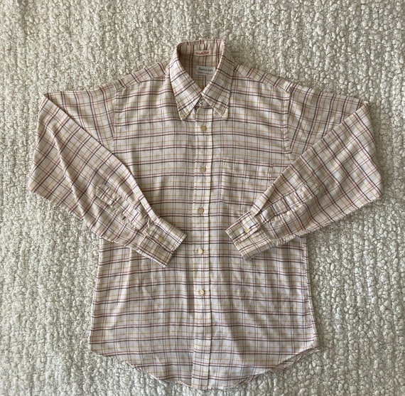 Vintage 70s Shirt Oxford Gant Plaid Beige Brown B… - image 1