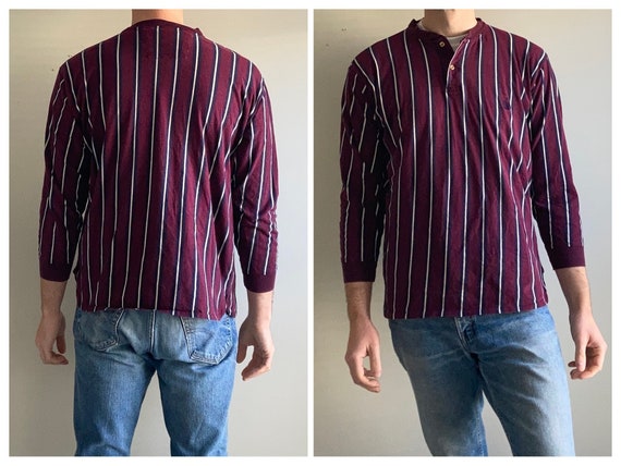 Vintage 90s Striped Henley Maroon Purple Red Long… - image 1