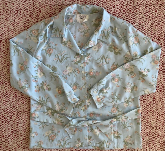 Vintage 70s 80s Floral Shirt Light Blue Long Slee… - image 1