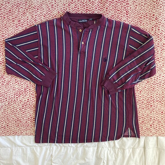 Vintage 90s Striped Henley Maroon Purple Red Long… - image 4