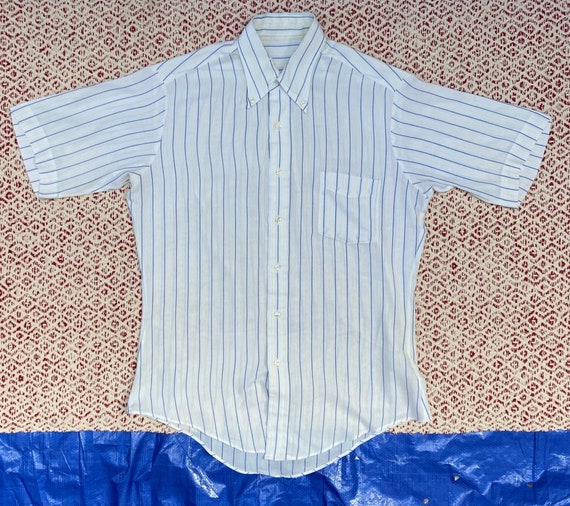 Vintage 80s White Shirt Striped Button Down Blue … - image 1
