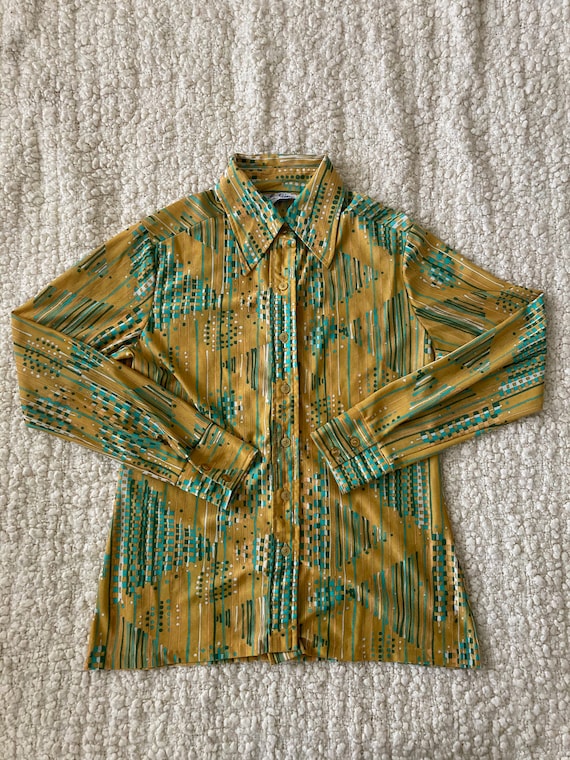 Vintage 60s Blouse Shirt Psychedelic Yellow Blue G