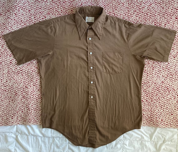 Vintage 70s Brown Shirt Short Sleeve Big Collar A… - image 1