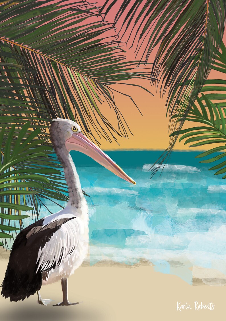 Pelican Art / Pelican Beach Art / Beach Art Print / Noosa Art Etsy