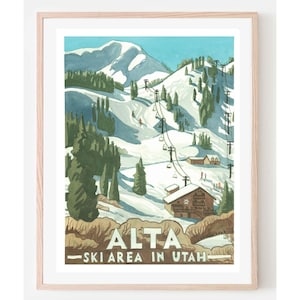 Póster de viaje de Alta: póster de viaje de Utah, decoración artística de Utah, póster de la estación de esquí de Alta, pósteres de viajes antiguos, arte mural de Utah