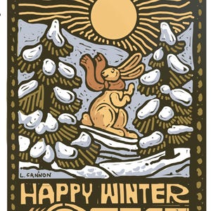 May include: A vintage-style illustration of a rabbit in a snowy forest with the sun shining above. The text "THE LIGHT RETURNS" is at the top of the image and "HAPPY WINTER SOLSTICE" is at the bottom.