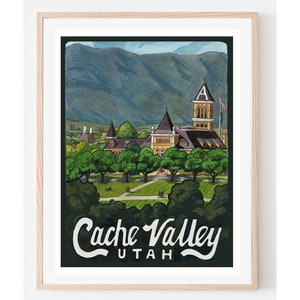 May include: A vintage-style illustration of a building with a tall tower and a mountain range in the background. The text "Cache Valley UTAH" is at the bottom of the image.