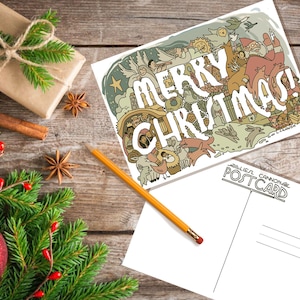 May include: A white postcard with a colorful illustration of a Christmas scene. The illustration features a variety of characters and objects, including Santa Claus, reindeer, angels, and presents. The text "Merry Christmas!" is written in large, bold letters across the top of the postcard.